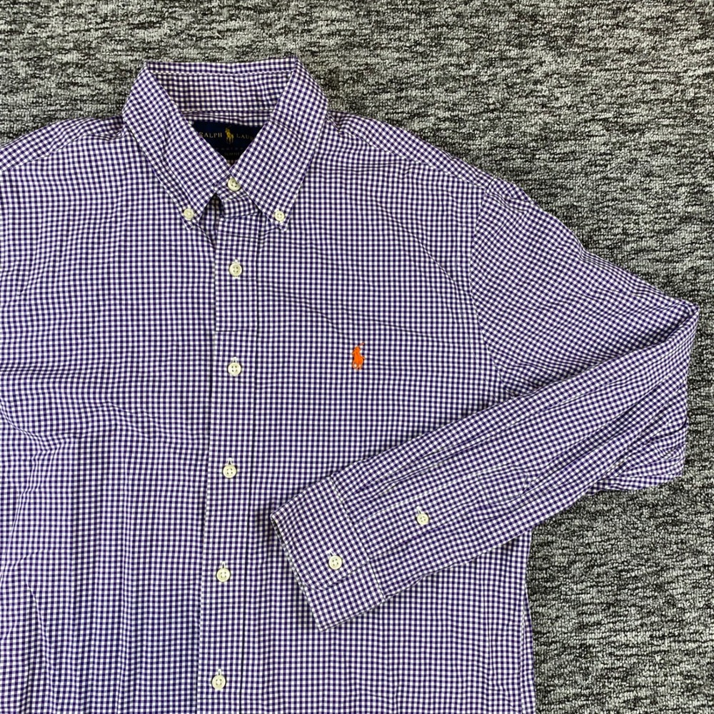 Ralph Lauren Mens Large Slim Fit Purple White Gingham Cotton Button Down Shirt